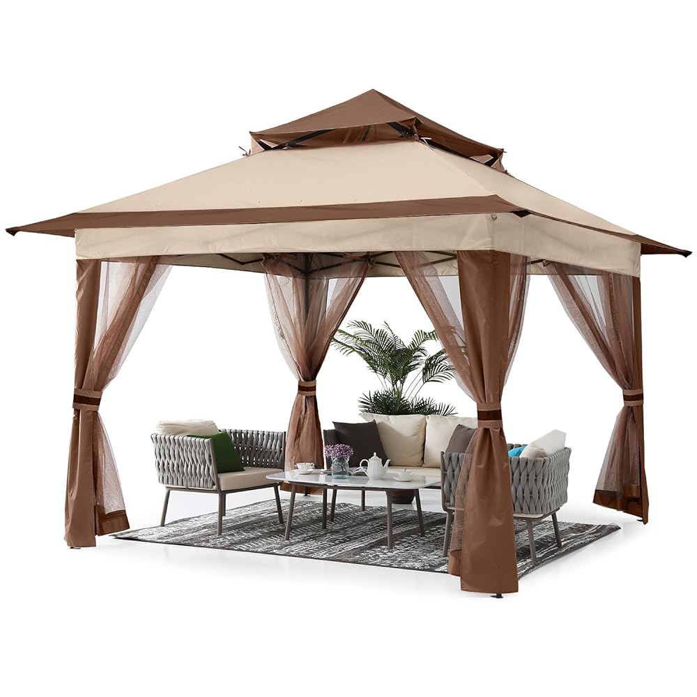 ABCCANOPY タープテント 大型 3m×3m|ワンタッチガーデンテント 8-10人用 蚊帳付き メッシュスクリーン 防虫テント UVカット 撥水・耐水 庭 日除け 虫除け対策 3段階調節 カ一キ