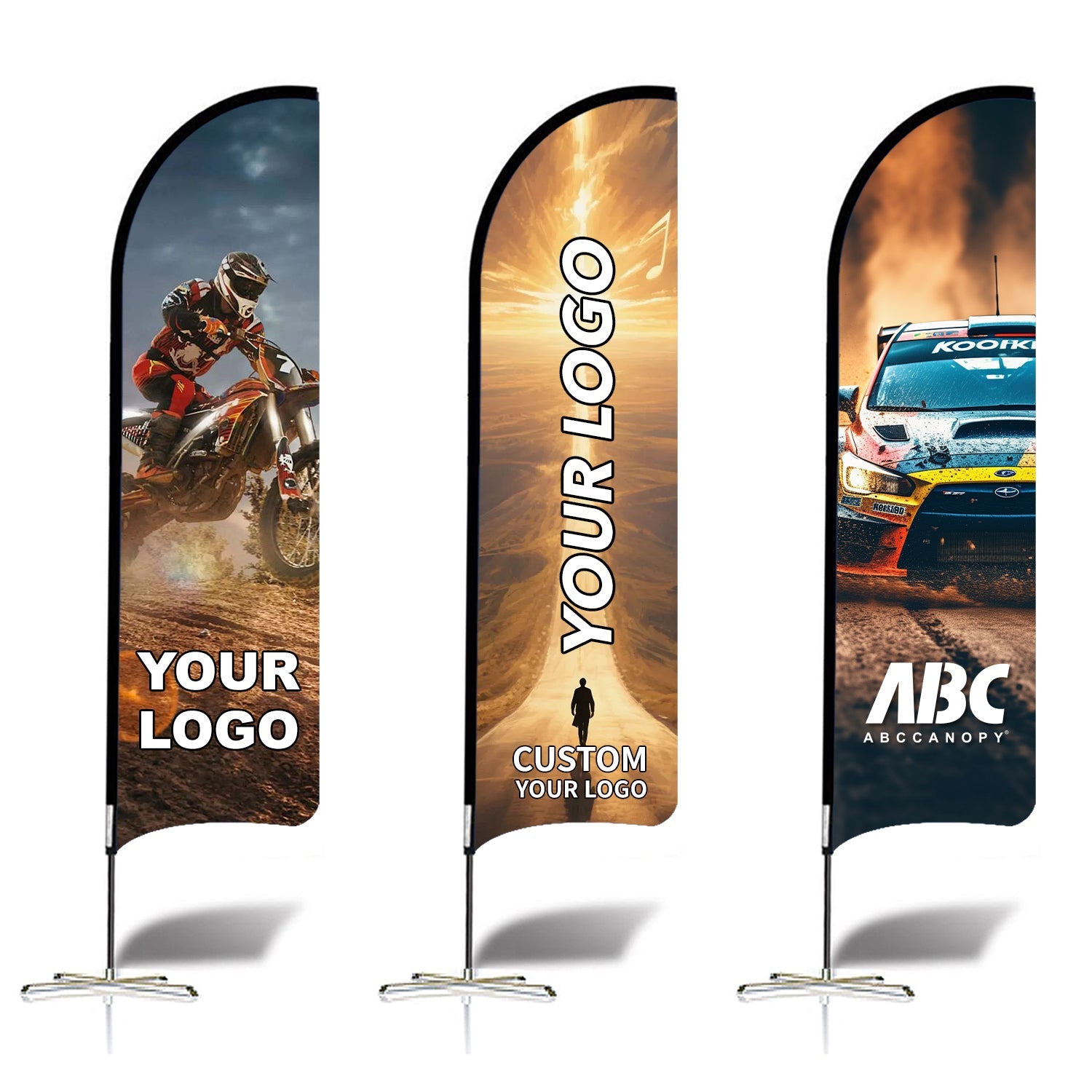 【名入りフラッグ】ABCCANOPY オリジナルカスタムフラッグ｜ロゴ・写真・テキストを印刷可能 屋外用広告バナー ポールキット付属 単面印刷対応 耐久性ポリエステル製 ビジネス・店舗・イベントプロモーションに最適 2.5M／3M（選べる2サイズ）｜立て看板 広告旗 カスタマイズOK ｜フェザーフラッグ｜羽根型｜刃型｜雫型｜長方形｜曲刃型（1枚）